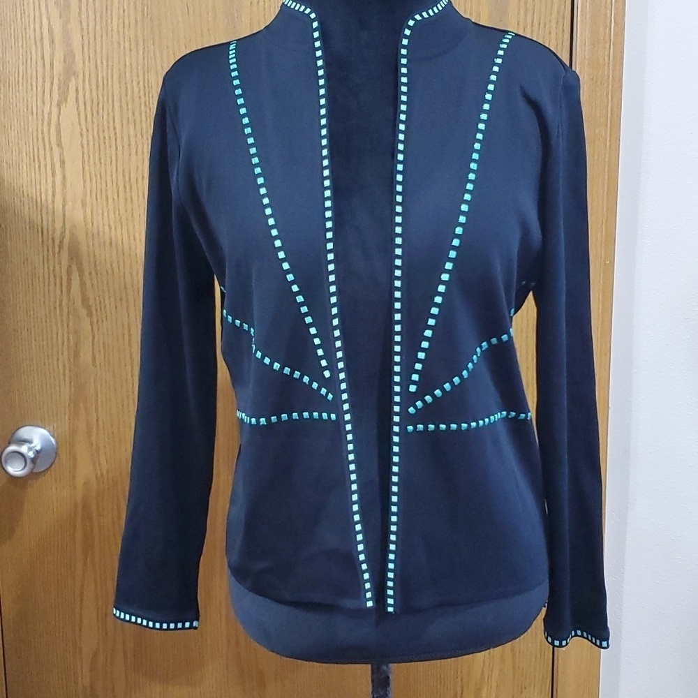 Ming wang open front blazer knit black and turquoise geometric